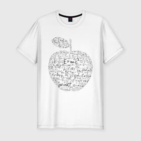 Мужская футболка премиум с принтом Яблоко Ньютона (формулы физики) в Екатеринбурге, 92% хлопок, 8% лайкра | приталенный силуэт, круглый вырез ворота, длина до линии бедра, короткий рукав | для студентов | ньютон | студентам | студенческие | физика | формула | формулы | яблоко ньютона