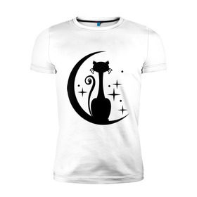 Мужская футболка премиум с принтом Кошка на луне в Екатеринбурге, 92% хлопок, 8% лайкра | приталенный силуэт, круглый вырез ворота, длина до линии бедра, короткий рукав | звезды | киса | луна | месяц | ночная | ночь
