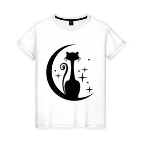 Женская футболка хлопок с принтом Кошка на луне в Екатеринбурге, 100% хлопок | прямой крой, круглый вырез горловины, длина до линии бедер, слегка спущенное плечо | звезды | киса | луна | месяц | ночная | ночь
