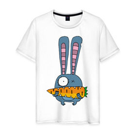 Мужская футболка хлопок с принтом заяц с морковкой в Екатеринбурге, 100% хлопок | прямой крой, круглый вырез горловины, длина до линии бедер, слегка спущенное плечо. | животные | зайчик | заяц | заяц с морковкой | морковка
