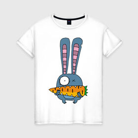 Женская футболка хлопок с принтом заяц с морковкой в Екатеринбурге, 100% хлопок | прямой крой, круглый вырез горловины, длина до линии бедер, слегка спущенное плечо | животные | зайчик | заяц | заяц с морковкой | морковка
