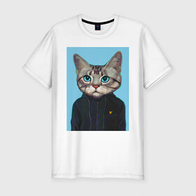 Мужская футболка премиум с принтом Котэ в толстовке в Екатеринбурге, 92% хлопок, 8% лайкра | приталенный силуэт, круглый вырез ворота, длина до линии бедра, короткий рукав | голова кошки | кот | кот в одежде | кот в толстовке | кот на спорте | коте | котейка | котэ | кошка | кошка в толстовке | реальный поцык