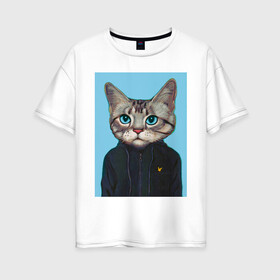 Женская футболка хлопок Oversize с принтом Котэ в толстовке в Екатеринбурге, 100% хлопок | свободный крой, круглый ворот, спущенный рукав, длина до линии бедер
 | голова кошки | кот | кот в одежде | кот в толстовке | кот на спорте | коте | котейка | котэ | кошка | кошка в толстовке | реальный поцык
