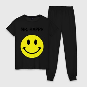 Женская пижама хлопок с принтом мистер счастье в Екатеринбурге, 100% хлопок | брюки и футболка прямого кроя, без карманов, на брюках мягкая резинка на поясе и по низу штанин | happy | mr. happy | smile | мистер хэппи | рожица | смайл | смайлик | счастье
