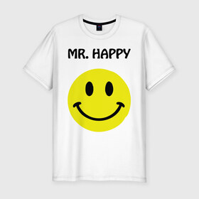 Мужская футболка премиум с принтом мистер счастье в Екатеринбурге, 92% хлопок, 8% лайкра | приталенный силуэт, круглый вырез ворота, длина до линии бедра, короткий рукав | happy | mr. happy | smile | мистер хэппи | рожица | смайл | смайлик | счастье