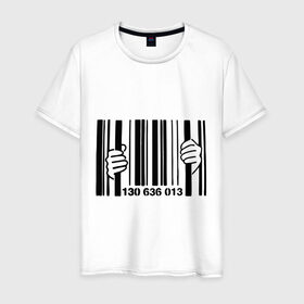 Мужская футболка хлопок с принтом штрих код тюрьма в Екатеринбурге, 100% хлопок | прямой крой, круглый вырез горловины, длина до линии бедер, слегка спущенное плечо. | Тематика изображения на принте: руки штрих код | штрих код