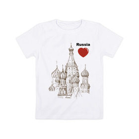 Детская футболка хлопок с принтом Люблю Россию (Кремль) в Екатеринбурге, 100% хлопок | круглый вырез горловины, полуприлегающий силуэт, длина до линии бедер | moscow | russia | государство | москва | патриот | родина | россия | страна | я русский