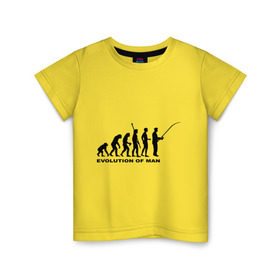 Детская футболка хлопок с принтом Рыбак. Эволюция в Екатеринбурге, 100% хлопок | круглый вырез горловины, полуприлегающий силуэт, длина до линии бедер | Тематика изображения на принте: рыба | рыбак | рыбалка | удочка | эволюция