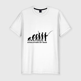 Мужская футболка премиум с принтом Рыбак. Эволюция в Екатеринбурге, 92% хлопок, 8% лайкра | приталенный силуэт, круглый вырез ворота, длина до линии бедра, короткий рукав | рыба | рыбак | рыбалка | удочка | эволюция