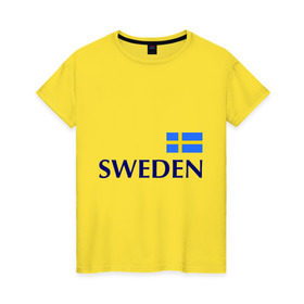 Женская футболка хлопок с принтом Сборная Швеции - 10 в Екатеринбурге, 100% хлопок | прямой крой, круглый вырез горловины, длина до линии бедер, слегка спущенное плечо | Тематика изображения на принте: football | сборная швеции | флаг швеции | футбол | швеция