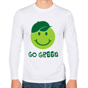 Мужской лонгслив хлопок с принтом Грин смайл в Екатеринбурге, 100% хлопок |  | eco | go green | green | зеленые технологии | зелень | планета | смайл | смайлик | чистота | эко | экология