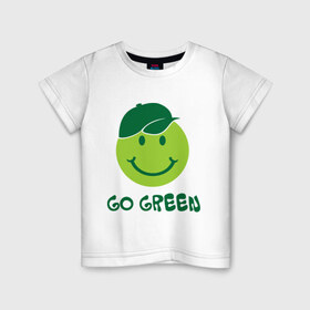 Детская футболка хлопок с принтом Грин смайл в Екатеринбурге, 100% хлопок | круглый вырез горловины, полуприлегающий силуэт, длина до линии бедер | eco | go green | green | зеленые технологии | зелень | планета | смайл | смайлик | чистота | эко | экология