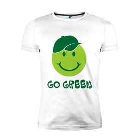 Мужская футболка премиум с принтом Грин смайл в Екатеринбурге, 92% хлопок, 8% лайкра | приталенный силуэт, круглый вырез ворота, длина до линии бедра, короткий рукав | eco | go green | green | зеленые технологии | зелень | планета | смайл | смайлик | чистота | эко | экология