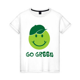 Женская футболка хлопок с принтом Грин смайл в Екатеринбурге, 100% хлопок | прямой крой, круглый вырез горловины, длина до линии бедер, слегка спущенное плечо | eco | go green | green | зеленые технологии | зелень | планета | смайл | смайлик | чистота | эко | экология
