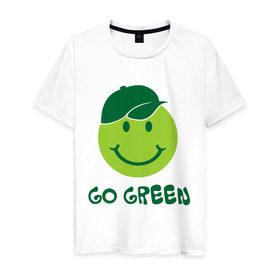 Мужская футболка хлопок с принтом Грин смайл в Екатеринбурге, 100% хлопок | прямой крой, круглый вырез горловины, длина до линии бедер, слегка спущенное плечо. | eco | go green | green | зеленые технологии | зелень | планета | смайл | смайлик | чистота | эко | экология