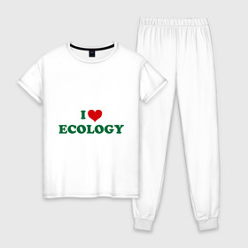 Женская пижама хлопок с принтом Люблю экологию в Екатеринбурге, 100% хлопок | брюки и футболка прямого кроя, без карманов, на брюках мягкая резинка на поясе и по низу штанин | eco | i love ecology | зеленые технологии | зелень | планета | чистота | эко | экология | я люблю экологию