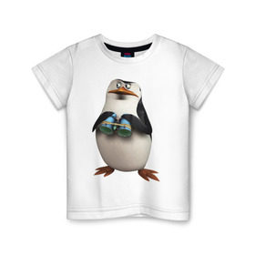 Детская футболка хлопок с принтом Пингвин с биноклем в Екатеринбурге, 100% хлопок | круглый вырез горловины, полуприлегающий силуэт, длина до линии бедер | Тематика изображения на принте: пингвин