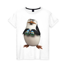 Женская футболка хлопок с принтом Пингвин с биноклем в Екатеринбурге, 100% хлопок | прямой крой, круглый вырез горловины, длина до линии бедер, слегка спущенное плечо | пингвин