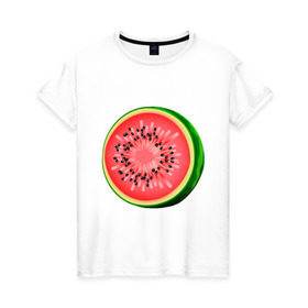 Женская футболка хлопок с принтом Половина арбуза в Екатеринбурге, 100% хлопок | прямой крой, круглый вырез горловины, длина до линии бедер, слегка спущенное плечо | арбуз | вкусное | девушкам | фрукты | фрукты и ягоды
