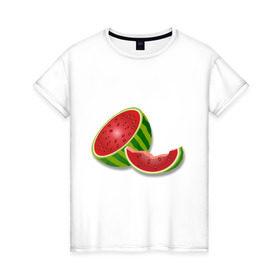 Женская футболка хлопок с принтом арбузик в Екатеринбурге, 100% хлопок | прямой крой, круглый вырез горловины, длина до линии бедер, слегка спущенное плечо | Тематика изображения на принте: арбуз | арбузная долька | вкусное | девушкам | фрукты | фрукты и ягоды