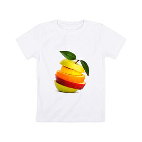 Детская футболка хлопок с принтом мега яблоко в Екатеринбурге, 100% хлопок | круглый вырез горловины, полуприлегающий силуэт, длина до линии бедер | Тематика изображения на принте: апельсин | брызги | вода | лимон | фрукты | яблоко