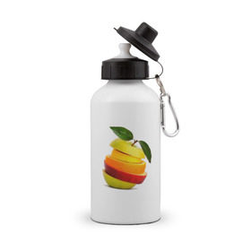 Бутылка спортивная с принтом мега яблоко в Екатеринбурге, металл | емкость — 500 мл, в комплекте две пластиковые крышки и карабин для крепления | Тематика изображения на принте: апельсин | брызги | вода | лимон | фрукты | яблоко
