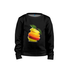 Детский свитшот хлопок с принтом мега яблоко в Екатеринбурге, 100% хлопок | круглый вырез горловины, эластичные манжеты, пояс и воротник | Тематика изображения на принте: апельсин | брызги | вода | лимон | фрукты | яблоко