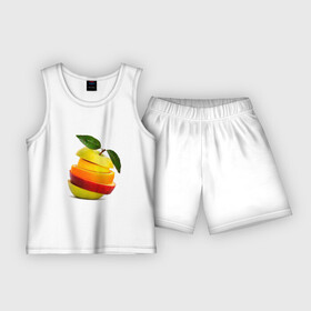 Детская пижама с шортами хлопок с принтом мега яблоко в Екатеринбурге,  |  | Тематика изображения на принте: апельсин | брызги | вода | лимон | фрукты | яблоко
