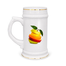 Кружка пивная с принтом мега яблоко в Екатеринбурге,  керамика (Материал выдерживает высокую температуру, стоит избегать резкого перепада температур) |  объем 630 мл | Тематика изображения на принте: апельсин | брызги | вода | лимон | фрукты | яблоко