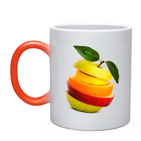 Кружка хамелеон с принтом мега яблоко в Екатеринбурге, керамика | меняет цвет при нагревании, емкость 330 мл | Тематика изображения на принте: апельсин | брызги | вода | лимон | фрукты | яблоко