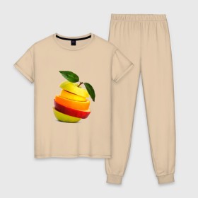 Женская пижама хлопок с принтом мега яблоко в Екатеринбурге, 100% хлопок | брюки и футболка прямого кроя, без карманов, на брюках мягкая резинка на поясе и по низу штанин | Тематика изображения на принте: апельсин | брызги | вода | лимон | фрукты | яблоко