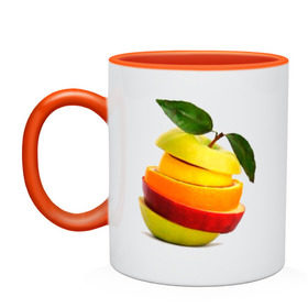 Кружка двухцветная с принтом мега яблоко в Екатеринбурге, керамика | объем — 330 мл, диаметр — 80 мм. Цветная ручка и кайма сверху, в некоторых цветах — вся внутренняя часть | Тематика изображения на принте: апельсин | брызги | вода | лимон | фрукты | яблоко