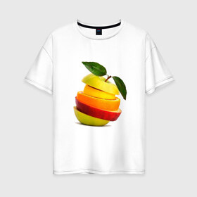 Женская футболка хлопок Oversize с принтом мега яблоко в Екатеринбурге, 100% хлопок | свободный крой, круглый ворот, спущенный рукав, длина до линии бедер
 | Тематика изображения на принте: апельсин | брызги | вода | лимон | фрукты | яблоко