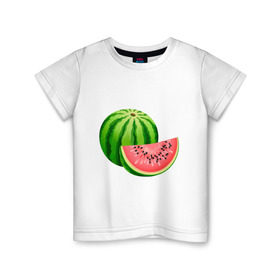Детская футболка хлопок с принтом Арбуз и долька в Екатеринбурге, 100% хлопок | круглый вырез горловины, полуприлегающий силуэт, длина до линии бедер | арбуз | вкусное | девушкам | долька | фрукты | фрукты и ягоды