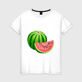 Женская футболка хлопок с принтом Арбуз и долька в Екатеринбурге, 100% хлопок | прямой крой, круглый вырез горловины, длина до линии бедер, слегка спущенное плечо | арбуз | вкусное | девушкам | долька | фрукты | фрукты и ягоды
