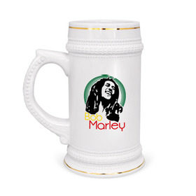 Кружка пивная с принтом Saint Bob Marley в Екатеринбурге,  керамика (Материал выдерживает высокую температуру, стоит избегать резкого перепада температур) |  объем 630 мл | Тематика изображения на принте: bob marley | saint bob marley | боб марли | музыка | регги