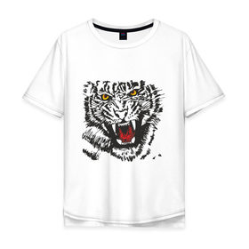 Мужская футболка хлопок Oversize с принтом Тигр с клыками в Екатеринбурге, 100% хлопок | свободный крой, круглый ворот, “спинка” длиннее передней части | животные | животный мир | зубастый тигр | тирг