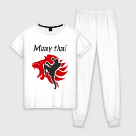 Женская пижама хлопок с принтом Muay thai в Екатеринбурге, 100% хлопок | брюки и футболка прямого кроя, без карманов, на брюках мягкая резинка на поясе и по низу штанин | муай тай