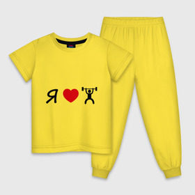 Детская пижама хлопок с принтом Я люблю штангу в Екатеринбурге, 100% хлопок |  брюки и футболка прямого кроя, без карманов, на брюках мягкая резинка на поясе и по низу штанин
 | crossfit | жим | качалка | кроссфит | кросфит | спорт | штанга