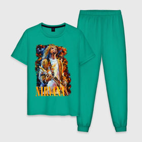 Мужская пижама хлопок с принтом Nirvana Kurt Cobain в Екатеринбурге, 100% хлопок | брюки и футболка прямого кроя, без карманов, на брюках мягкая резинка на поясе и по низу штанин
 | kurt cobain | nirvana | курт кобейн | нирвана