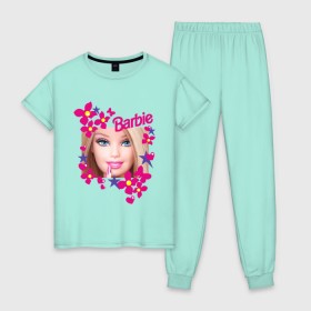 Женская пижама хлопок с принтом Барби красавица в Екатеринбурге, 100% хлопок | брюки и футболка прямого кроя, без карманов, на брюках мягкая резинка на поясе и по низу штанин | Тематика изображения на принте: 90 | 90 е | barbie | барби | ностальгия