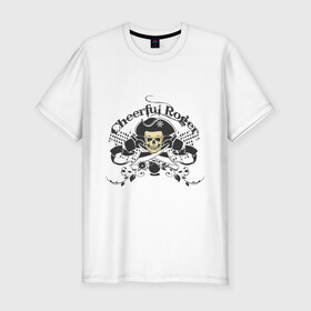 Мужская футболка премиум с принтом Cheerful Roger в Екатеринбурге, 92% хлопок, 8% лайкра | приталенный силуэт, круглый вырез ворота, длина до линии бедра, короткий рукав | Тематика изображения на принте: cheerful roger | веселый роджер | пиратская метка | пиратский череп | череп