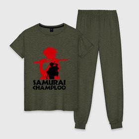 Женская пижама хлопок с принтом Самурай Champloo в Екатеринбурге, 100% хлопок | брюки и футболка прямого кроя, без карманов, на брюках мягкая резинка на поясе и по низу штанин | anime | samurai champloo | аниме | анимэ | самурай чамплу