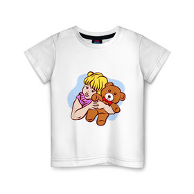 Детская футболка хлопок с принтом Девочка и медведь в Екатеринбурге, 100% хлопок | круглый вырез горловины, полуприлегающий силуэт, длина до линии бедер | детские | для ребенка | дочка | игрушка | медведь | медвежонок | мишка | мишутка