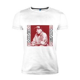 Мужская футболка премиум с принтом Eminem в кепке в Екатеринбурге, 92% хлопок, 8% лайкра | приталенный силуэт, круглый вырез ворота, длина до линии бедра, короткий рукав | eminm | slim shady | еминем | реп | репчик | рэп