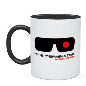 Кружка двухцветная с принтом The Terminator в Екатеринбурге, керамика | объем — 330 мл, диаметр — 80 мм. Цветная ручка и кайма сверху, в некоторых цветах — вся внутренняя часть | Тематика изображения на принте: terminator | очки терминатор | терминатор | шварценеггер | шварцнеггер