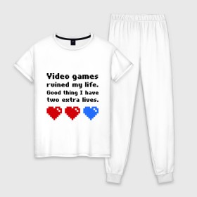 Женская пижама хлопок с принтом video games ruined my life в Екатеринбурге, 100% хлопок | брюки и футболка прямого кроя, без карманов, на брюках мягкая резинка на поясе и по низу штанин | 8 bit | 8 бит | 8bit | 8бит | видеоигры | игры