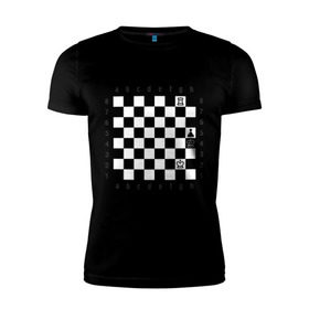 Мужская футболка премиум с принтом Шахматная комбинация 1 в Екатеринбурге, 92% хлопок, 8% лайкра | приталенный силуэт, круглый вырез ворота, длина до линии бедра, короткий рукав | комбинация | шахматист | шахматная доска | шахматы