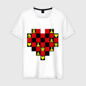 Мужская футболка хлопок с принтом Шахматное сердце в Екатеринбурге, 100% хлопок | прямой крой, круглый вырез горловины, длина до линии бедер, слегка спущенное плечо. | chess | i love chess | сердце | шахматы | я люблю шахматы