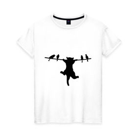 Женская футболка хлопок с принтом Котенок и птички в Екатеринбурге, 100% хлопок | прямой крой, круглый вырез горловины, длина до линии бедер, слегка спущенное плечо | 